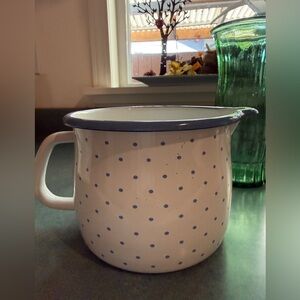 Cute German Farmhouse Style White Polka Dot Enamelware Pitcher with Blue Trim
